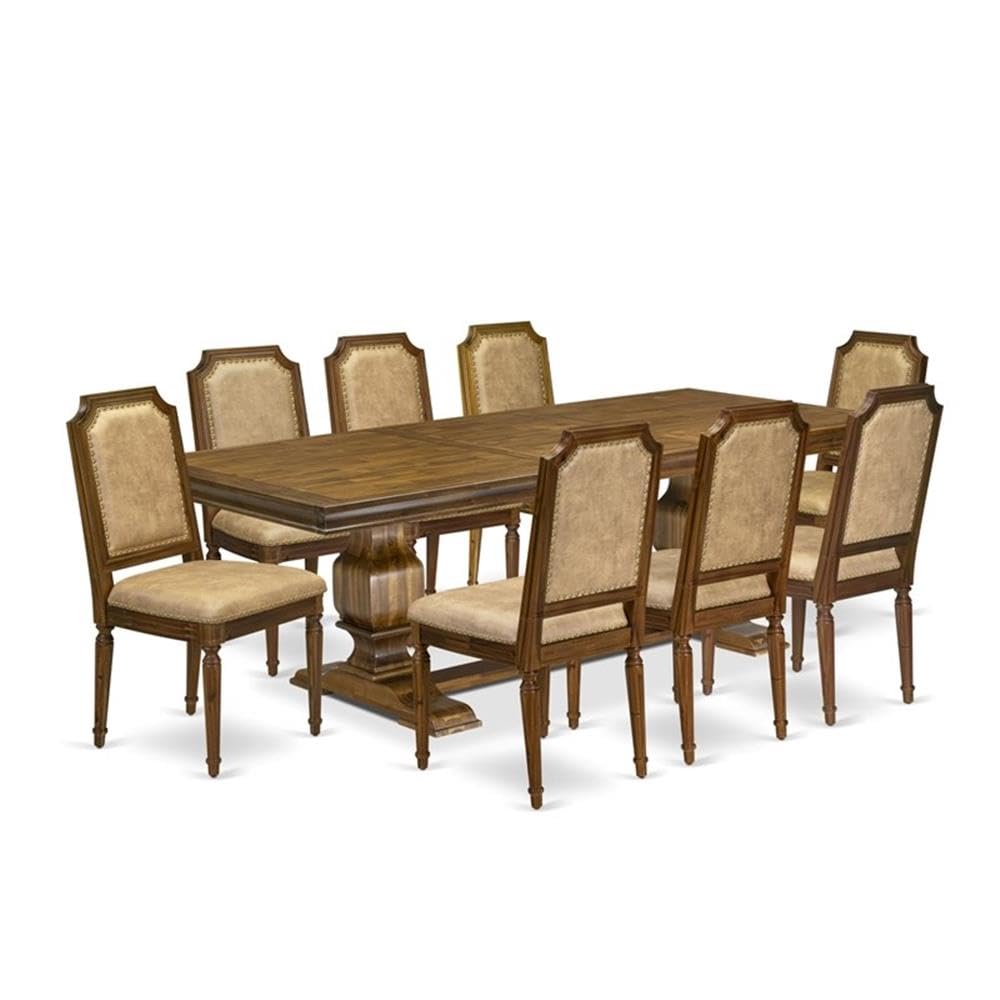9-Piece Acacia Wood Dining Set with Beige PU Leather Chairs O177