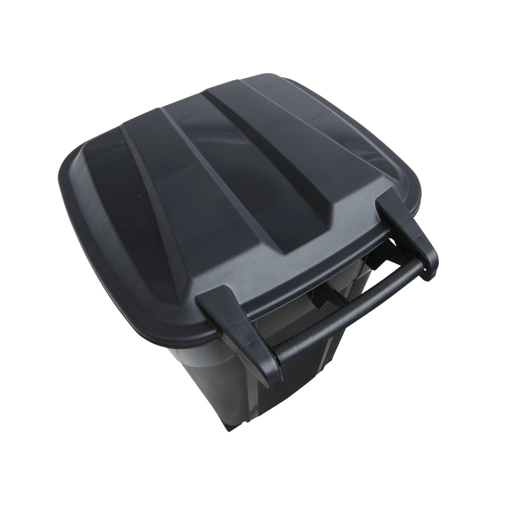 32 Gallon Black Wheeled Plastic Garbage Can with Attached Lid R391038
