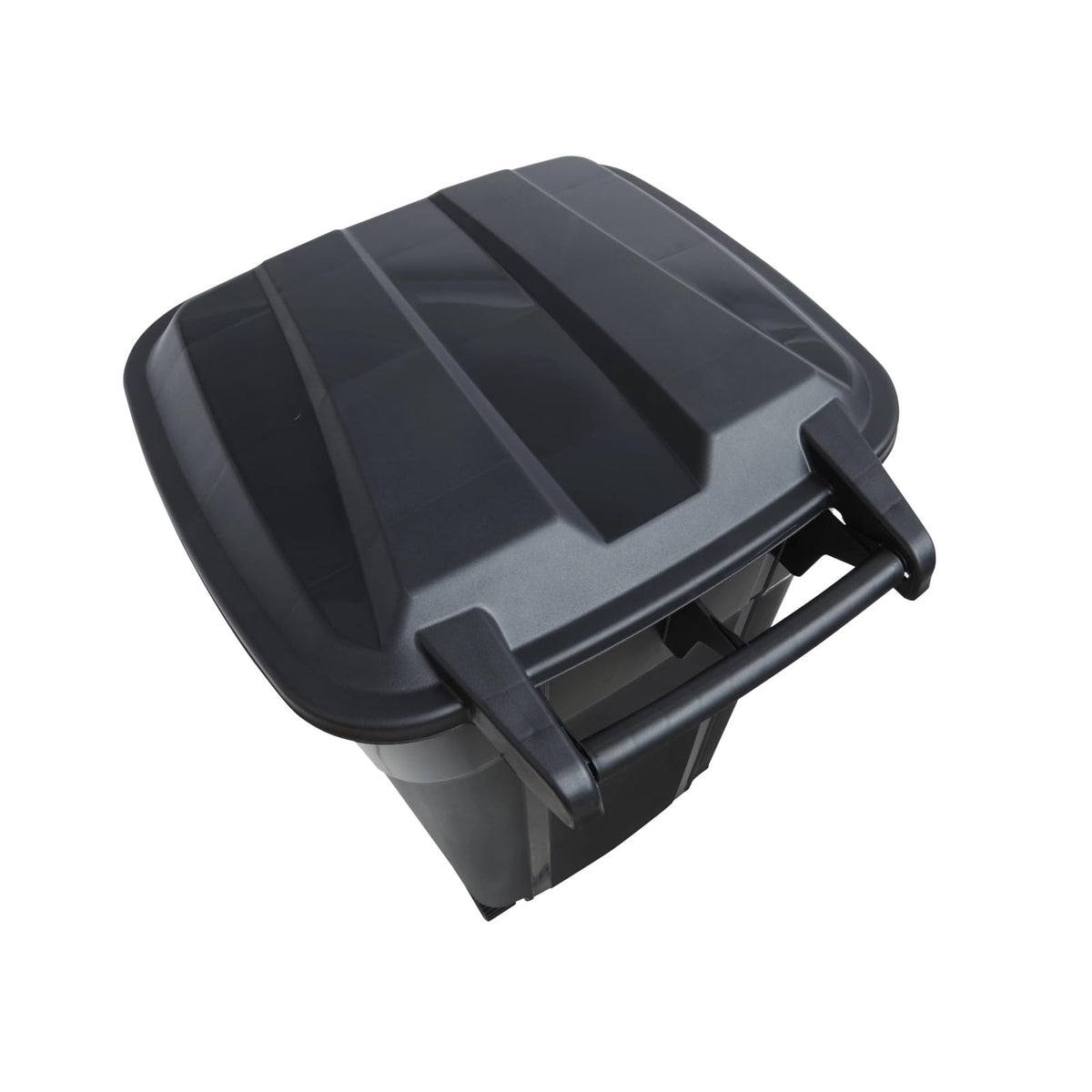 32 Gallon Black Wheeled Plastic Garbage Can with Attached Lid R391038