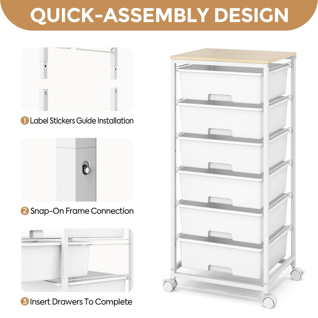 6 Drawer Rolling Storage Cart with Wooden Top and Wheels M354