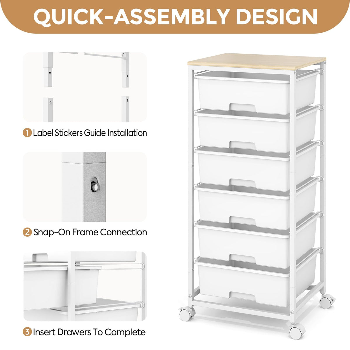6 Drawer Rolling Storage Cart with Wooden Top and Wheels M354