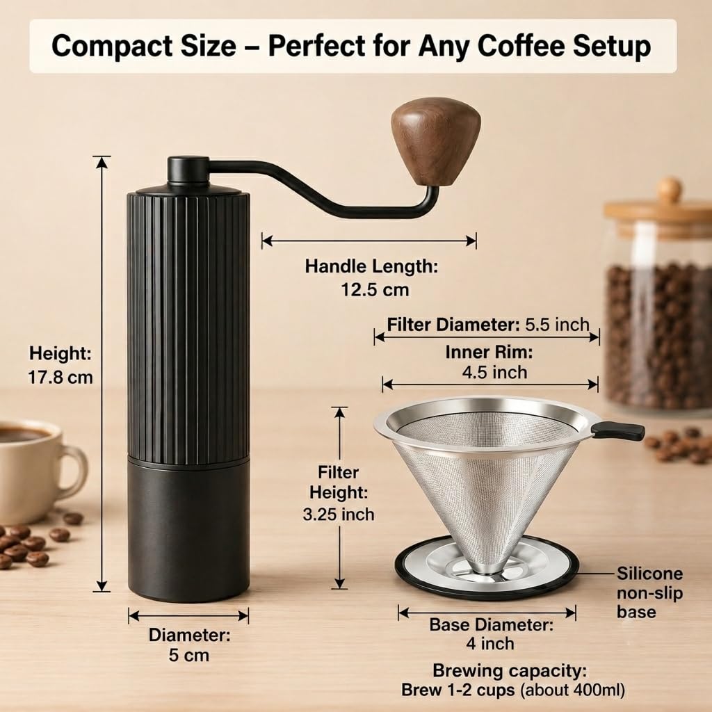 Manual Coffee Grinder with Strainer & Brush, Adjustable Stainless Steel Burr, 30g Hand Crank Coffee Mill, Aluminum Body & Walnut Handle E6187