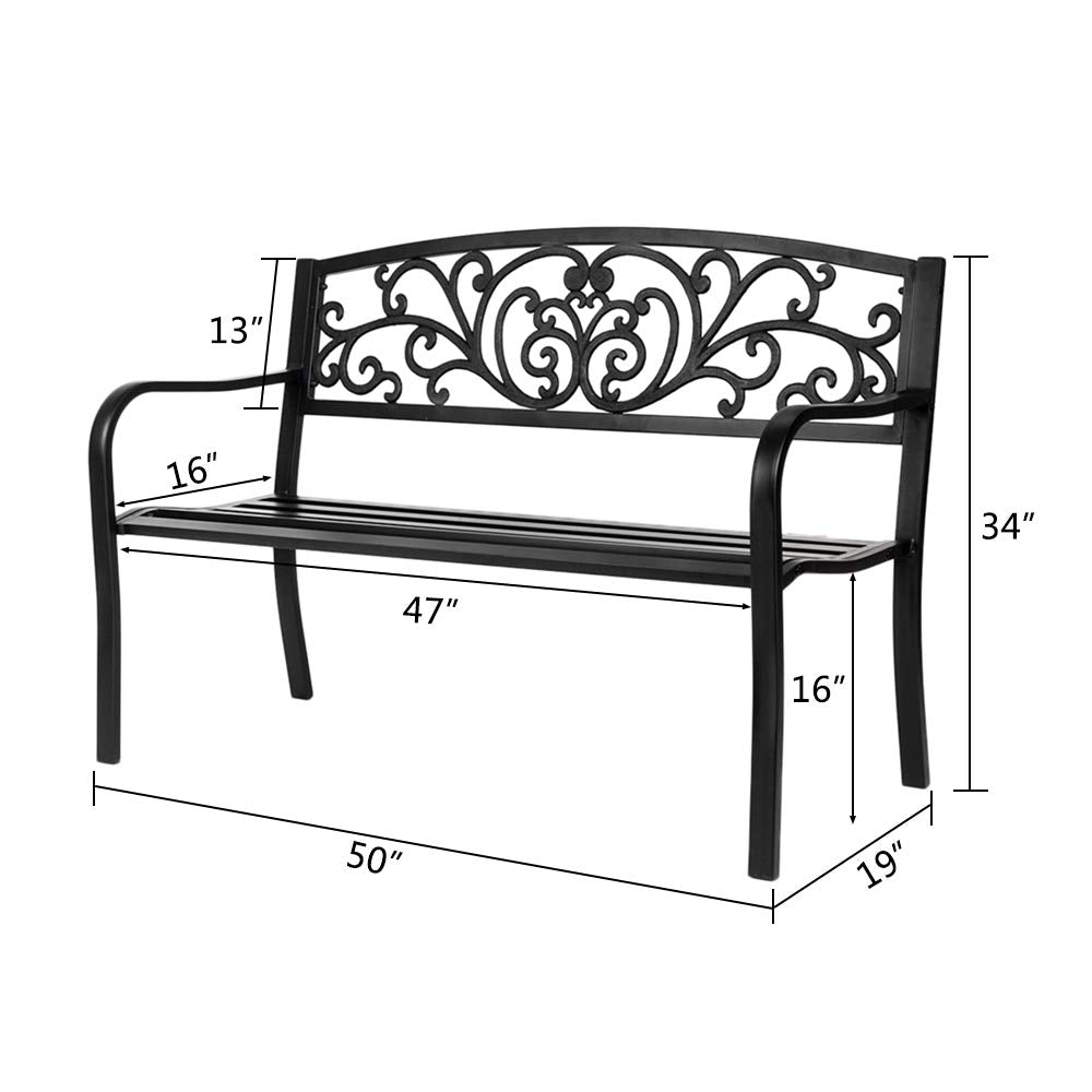50in Black Metal Outdoor Bench with Armrests E2628