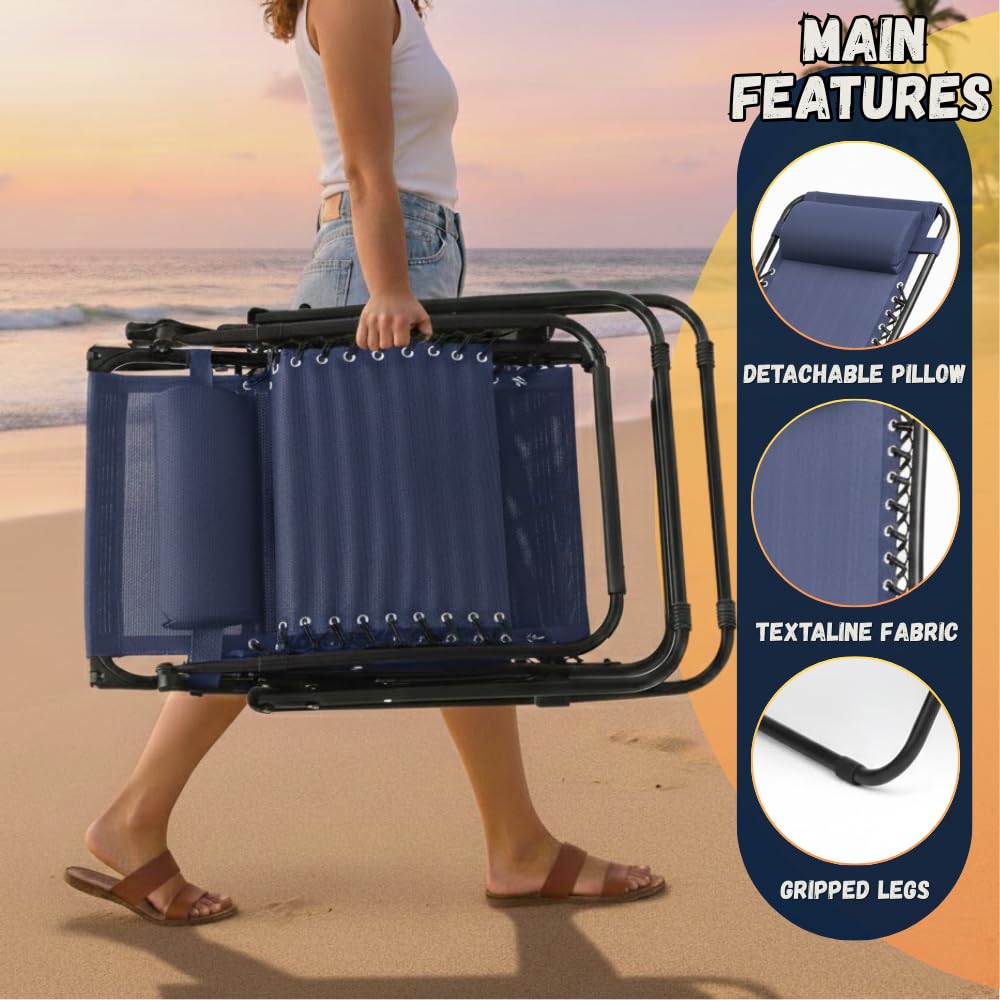 Set of 2 Navy Blue Adjustable Folding Lounge Chairs with Pillows O366