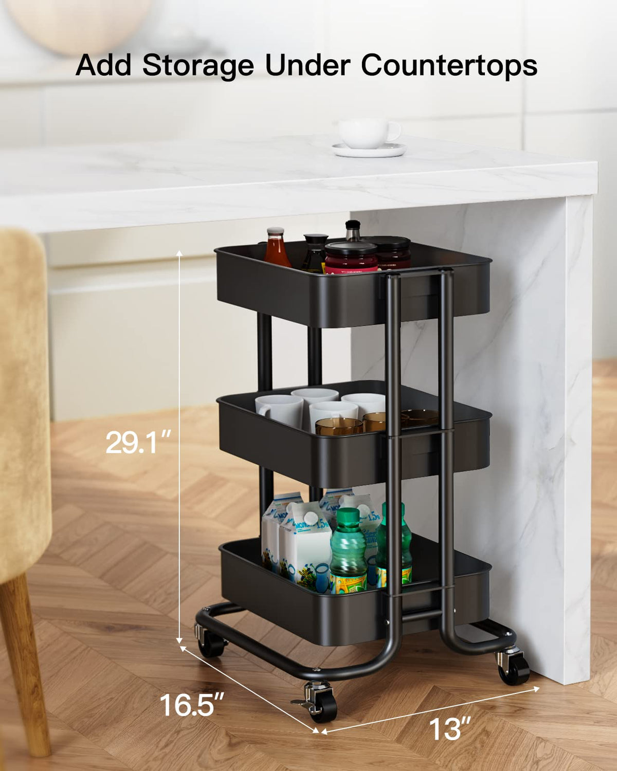 3 Tier Metal Rolling Utility Cart with Lockable Wheels, Black A586119