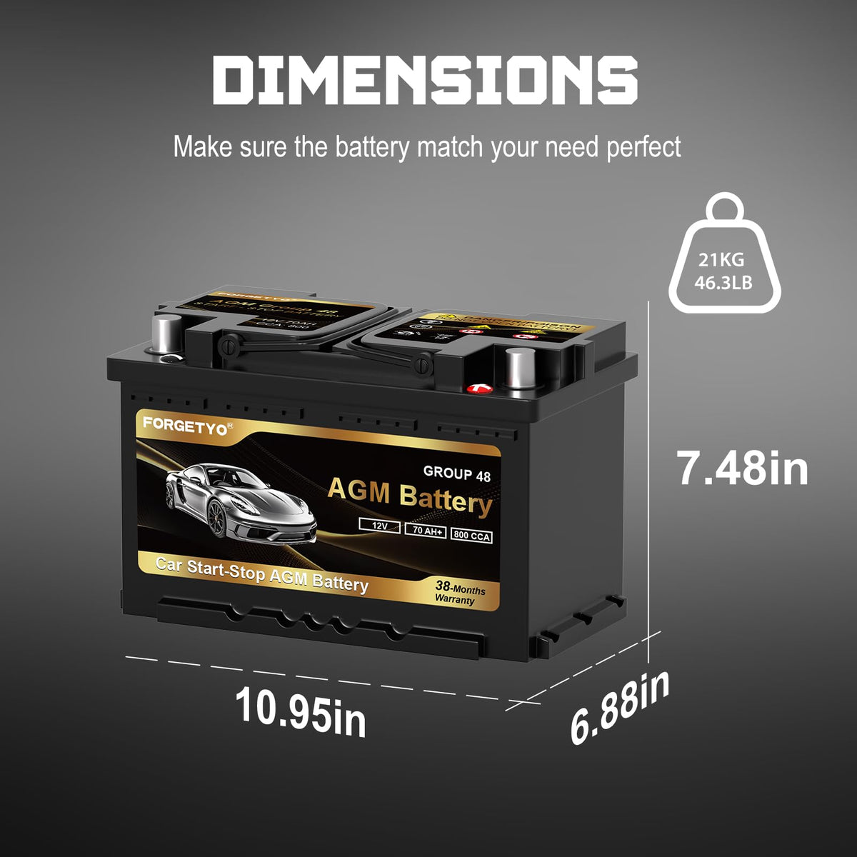 Group Size 48 AGM Car Battery, 12V 70 AH, 800 CCA O821589