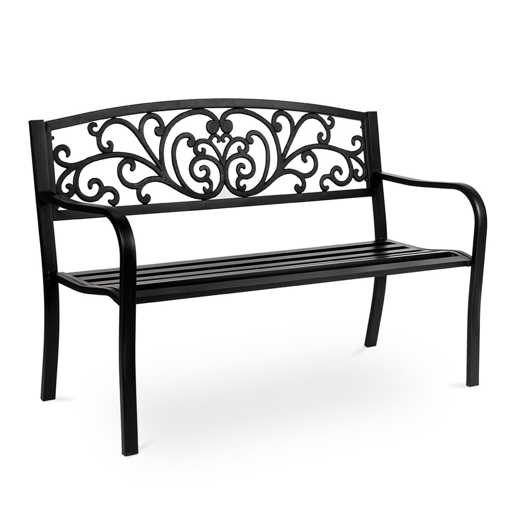 50in Black Metal Outdoor Bench with Armrests E2628