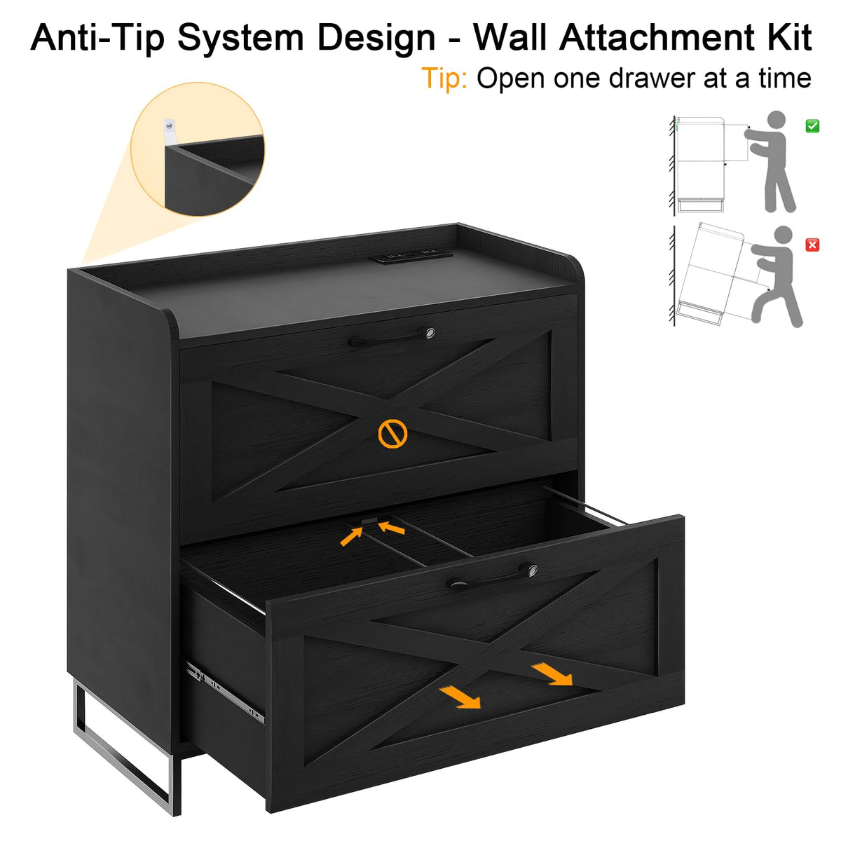 2 Drawer Black Lateral File Cabinet with Charging Station R1381