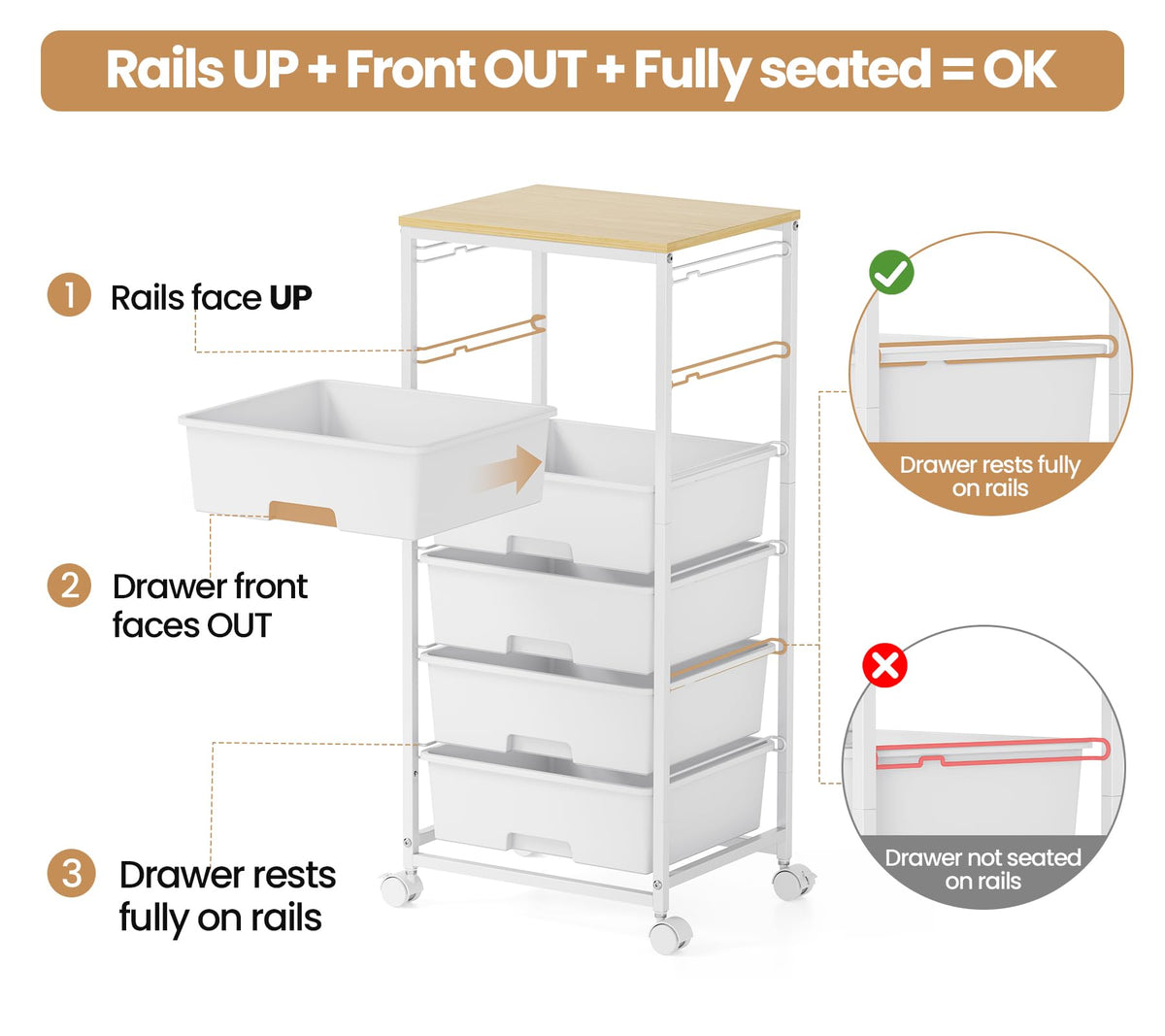 6 Drawer Rolling Storage Cart with Wooden Top and Wheels M354