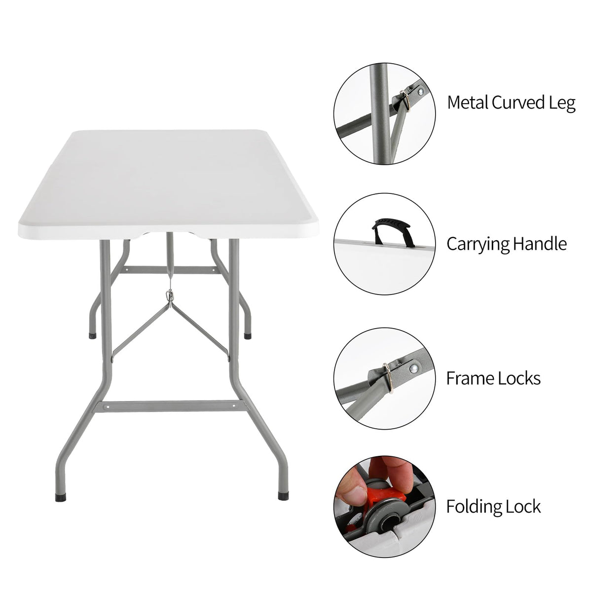 6 Foot Foldable White Plastic Table with Carrying Handle F565
