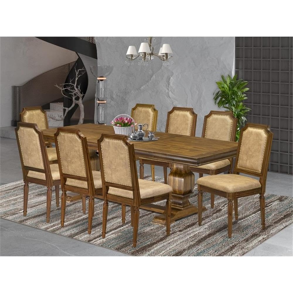 9-Piece Acacia Wood Dining Set with Beige PU Leather Chairs O177
