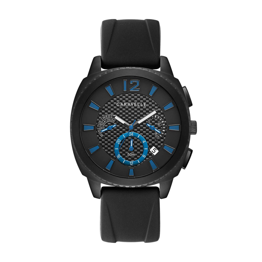Sport Chronograph Mens Watch Stainless Steel Black Silicone Strap A6625