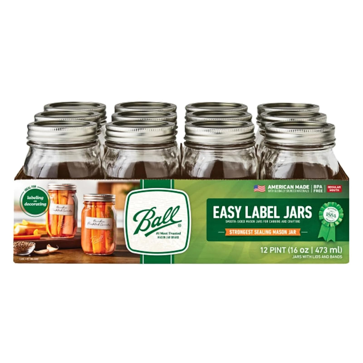Regular Mouth Glass Mason Jars with Lids and Bands, Pint Size 16 Ounce (Pack of 12) R495