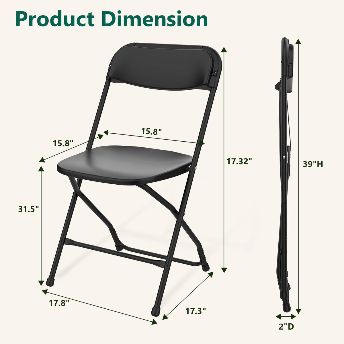 Black Plastic Folding Chairs, 10 Pack Steel Frame 350lbs Capacity W7809