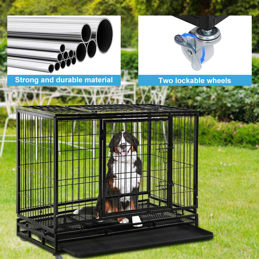 48" Heavy Duty Metal Dog Crate with Lockable Wheels, Double Door & Tray, Black Q2992