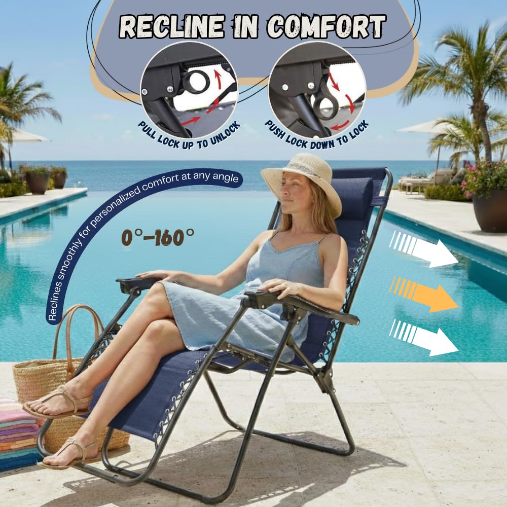 Set of 2 Navy Blue Adjustable Folding Lounge Chairs with Pillows O366