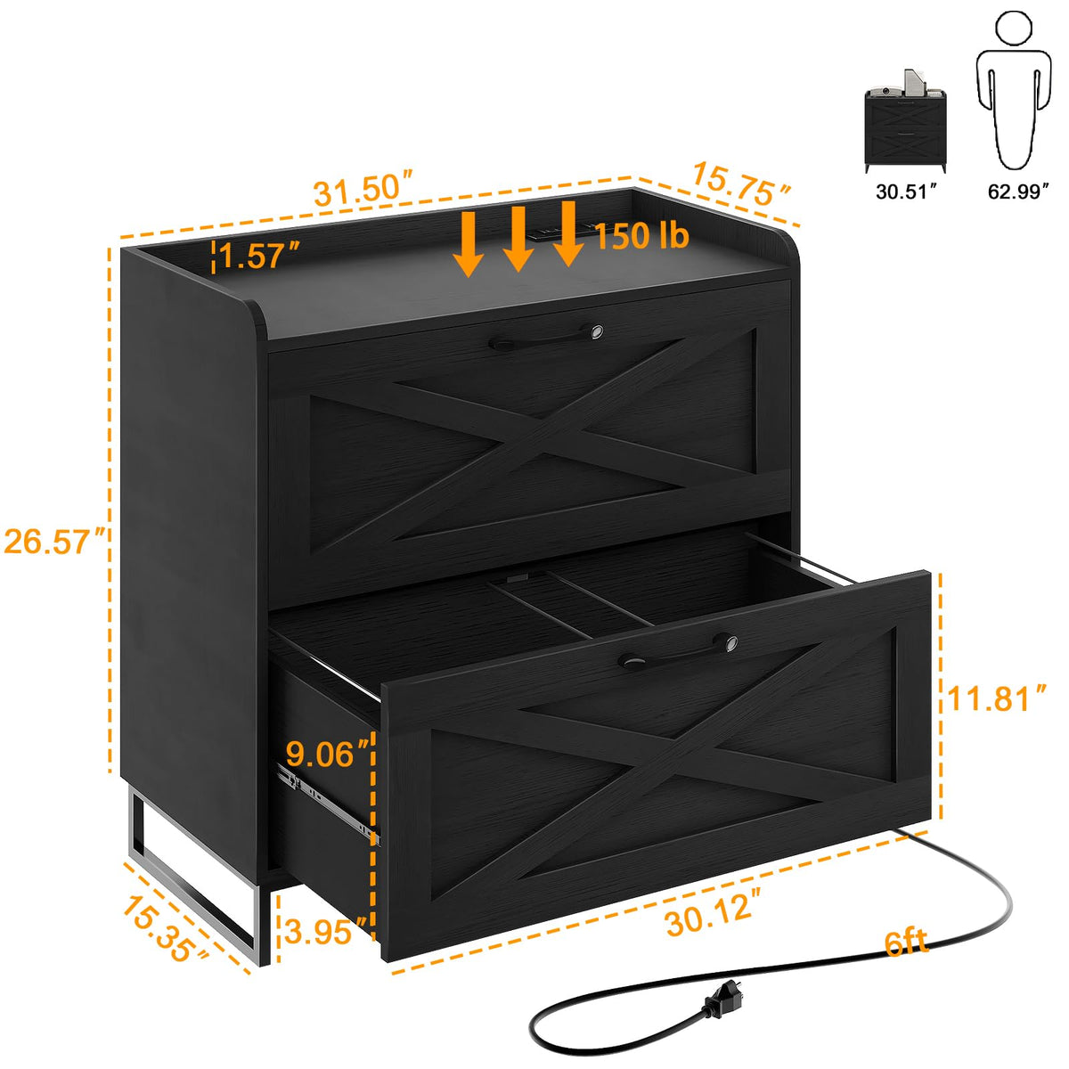 2 Drawer Black Lateral File Cabinet with Charging Station R1381