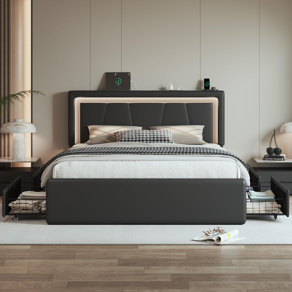 Full Size Bed Frame with Storage Drawers and Charging Station, Black J8830