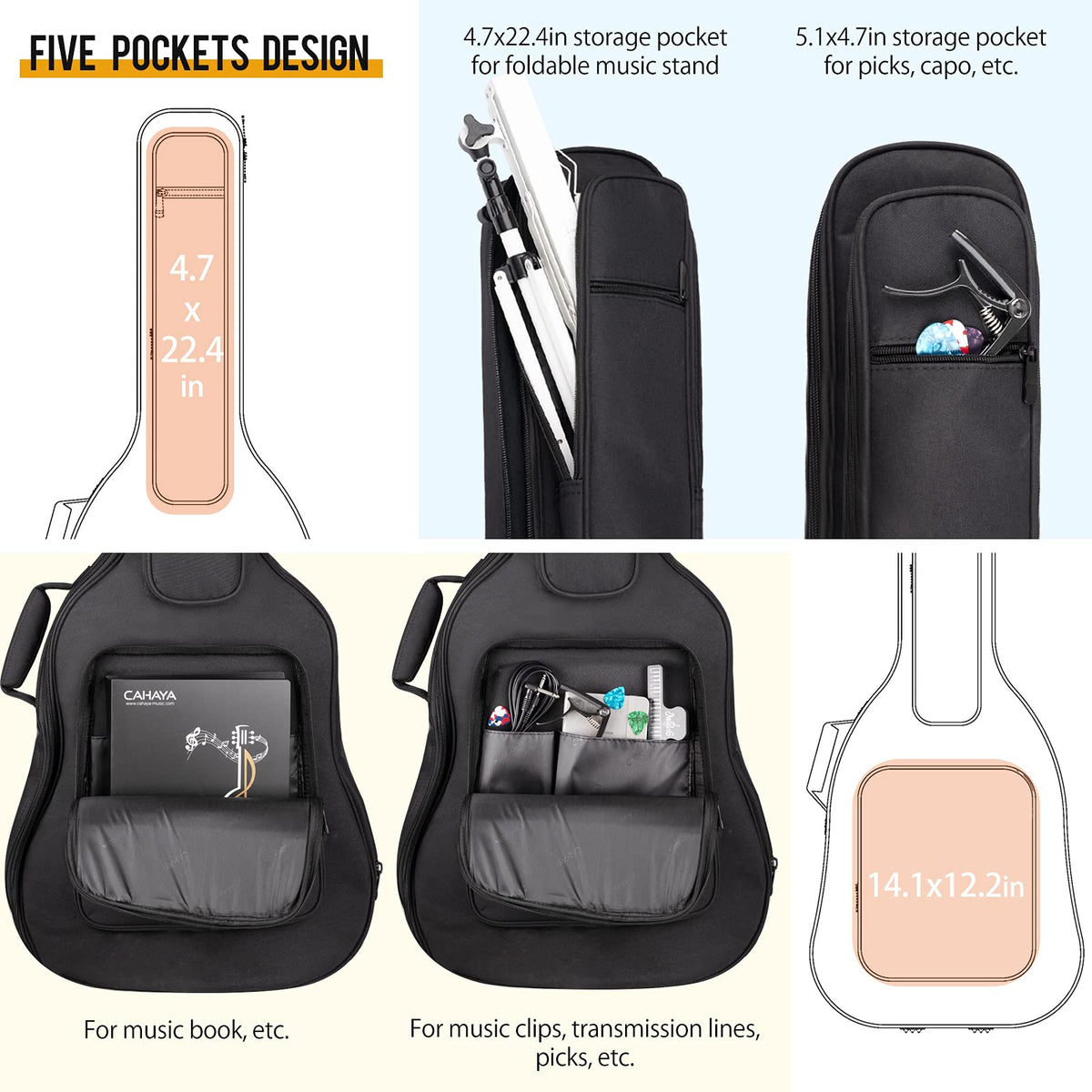 Soft Padded Acoustic Guitar Case with 5 Pockets Z985