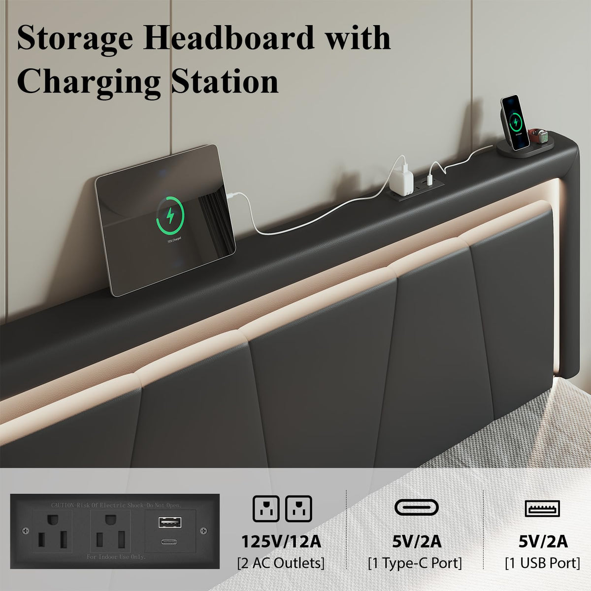 Full Size Bed Frame with Storage Drawers and Charging Station, Black J8830
