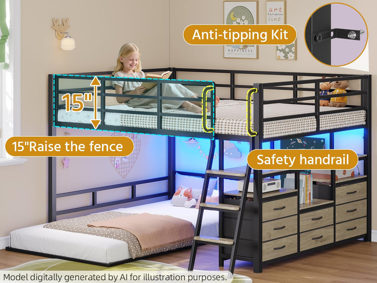 Full Over Twin Bunk Bed with 8 Drawers & 4 Shelves H650
