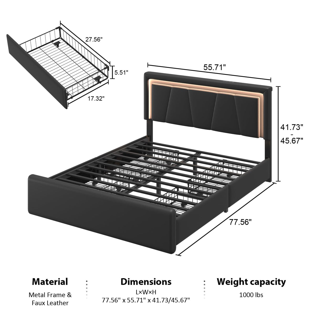 Full Size Bed Frame with Storage Drawers and Charging Station, Black J8830
