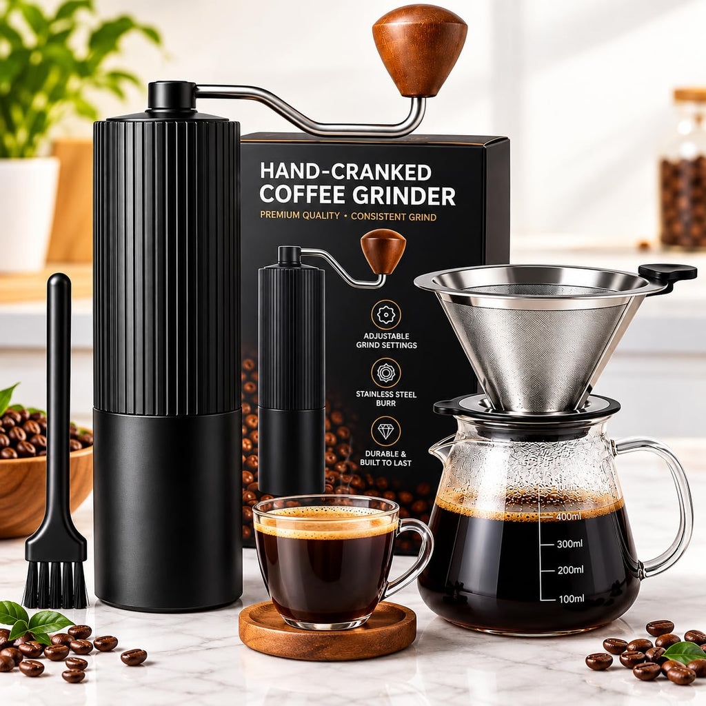Manual Coffee Grinder with Strainer & Brush, Adjustable Stainless Steel Burr, 30g Hand Crank Coffee Mill, Aluminum Body & Walnut Handle E6187