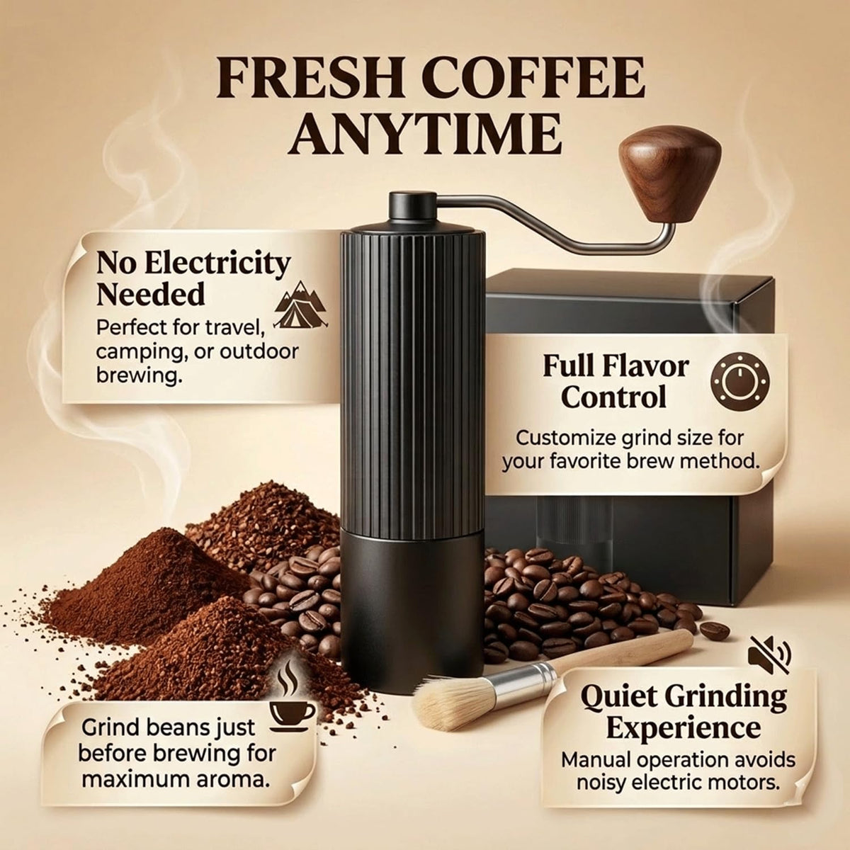 Manual Coffee Grinder with Strainer & Brush, Adjustable Stainless Steel Burr, 30g Hand Crank Coffee Mill, Aluminum Body & Walnut Handle E6187