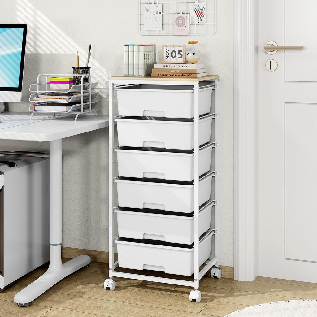 6 Drawer Rolling Storage Cart with Wooden Top and Wheels M354