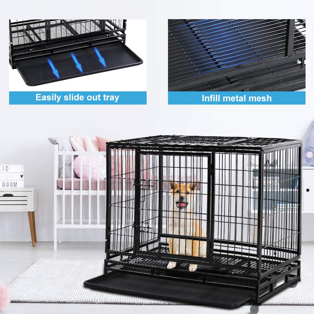 48" Heavy Duty Metal Dog Crate with Lockable Wheels, Double Door & Tray, Black Q2992