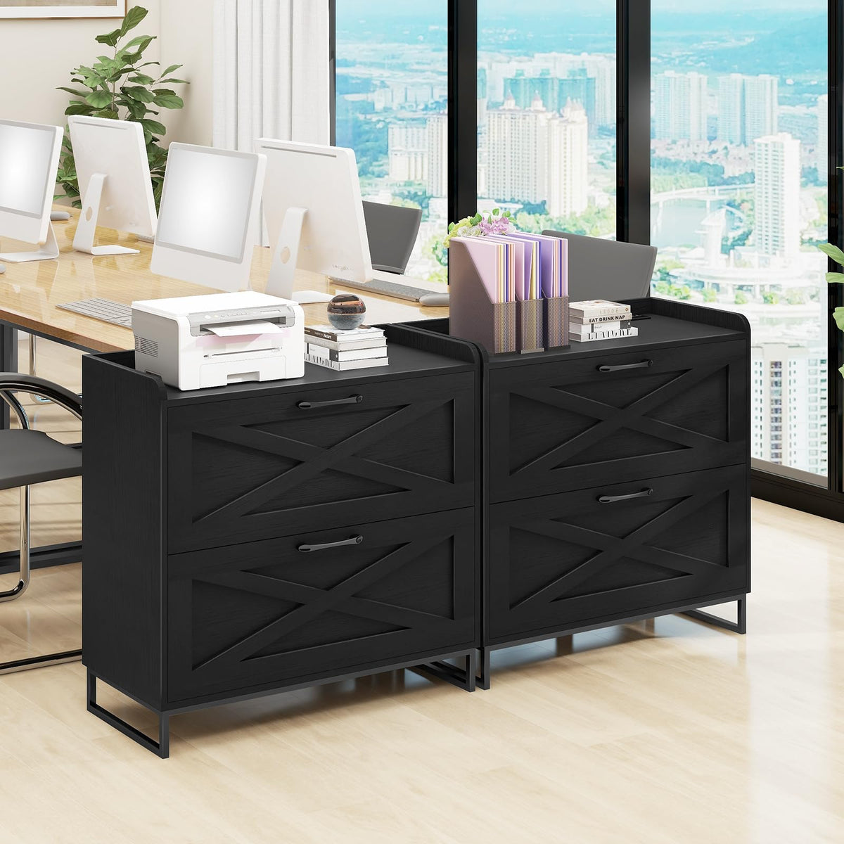 2 Drawer Black Lateral File Cabinet with Charging Station R1381