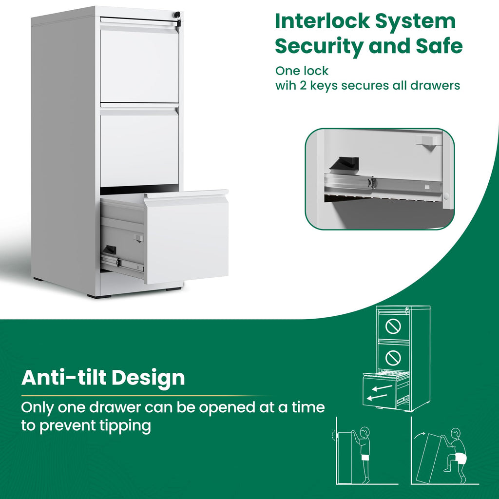 White 3 Drawer Metal File Cabinet with Lock L323