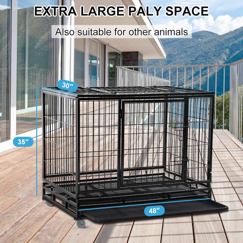 48" Heavy Duty Metal Dog Crate with Lockable Wheels, Double Door & Tray, Black Q2992