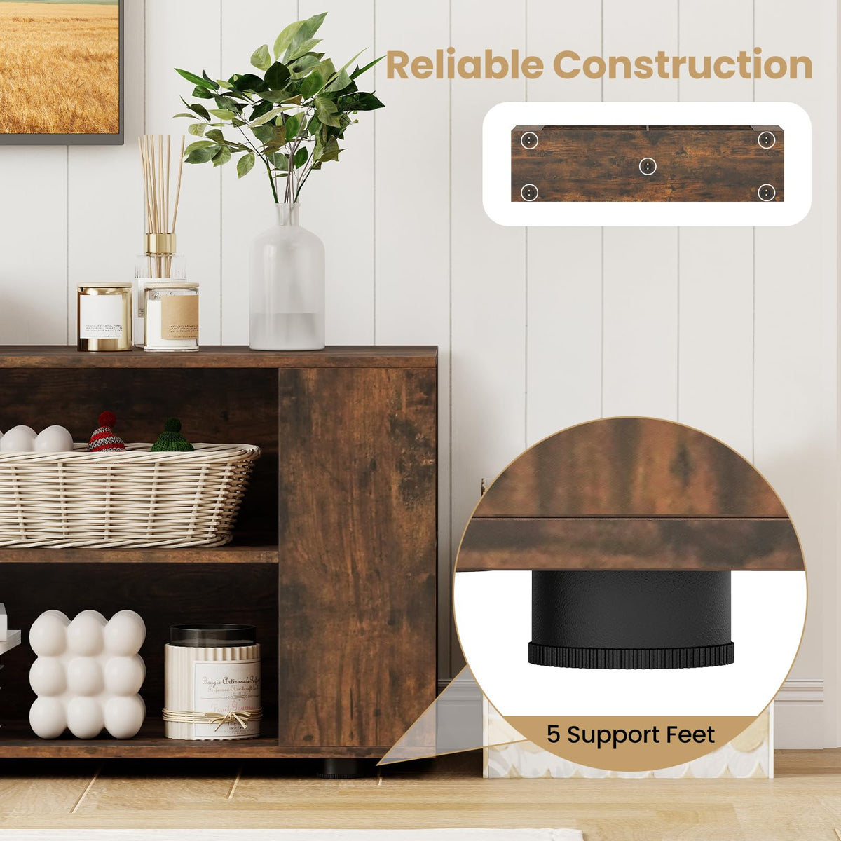 Rustic Brown Wood TV Stand with 8 Open Shelves G58779