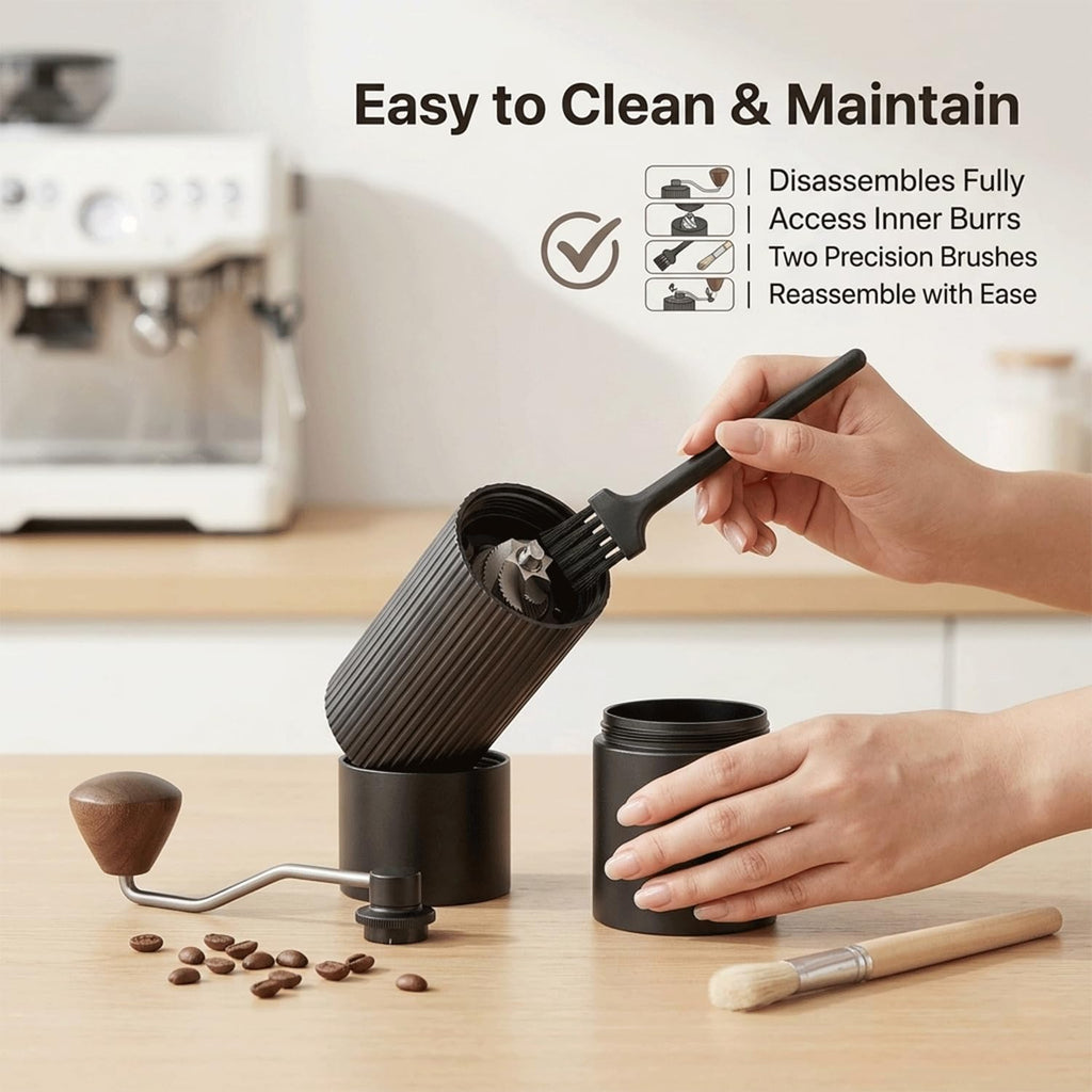 Manual Coffee Grinder with Strainer & Brush, Adjustable Stainless Steel Burr, 30g Hand Crank Coffee Mill, Aluminum Body & Walnut Handle E6187