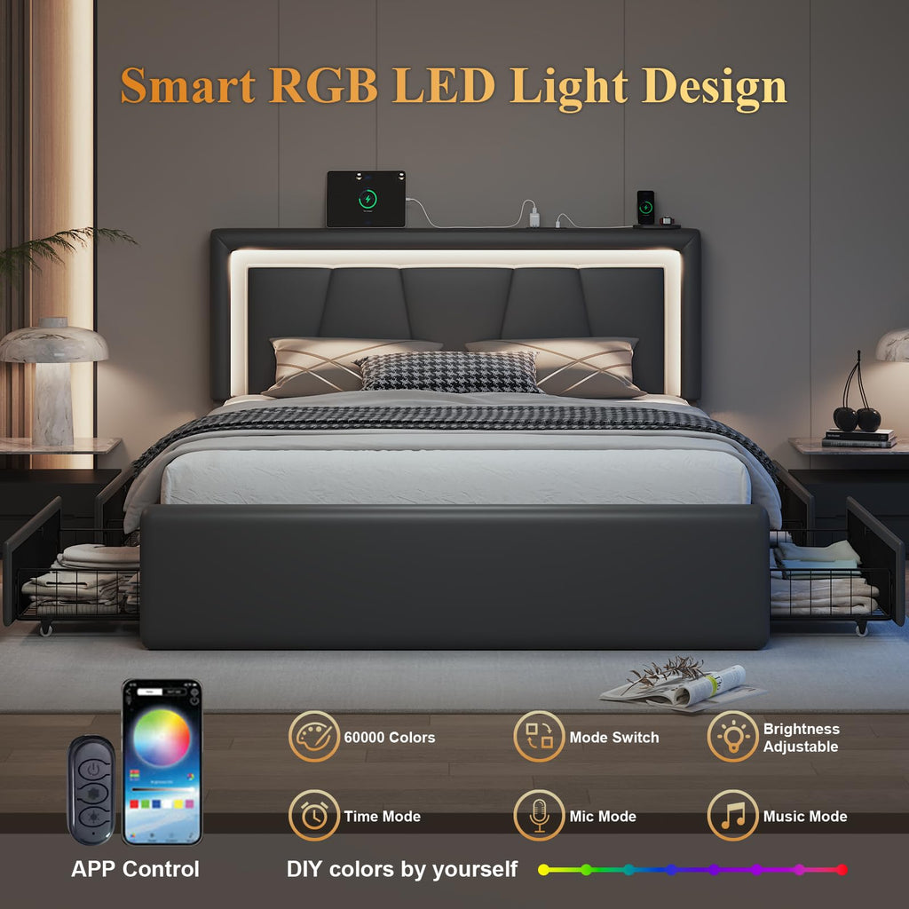 Full Size Bed Frame with Storage Drawers and Charging Station, Black J8830