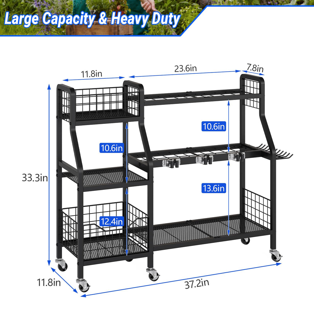 Heavy-Duty Garden Tool Organizer with 6 Wheels and 2 Baskets G946642