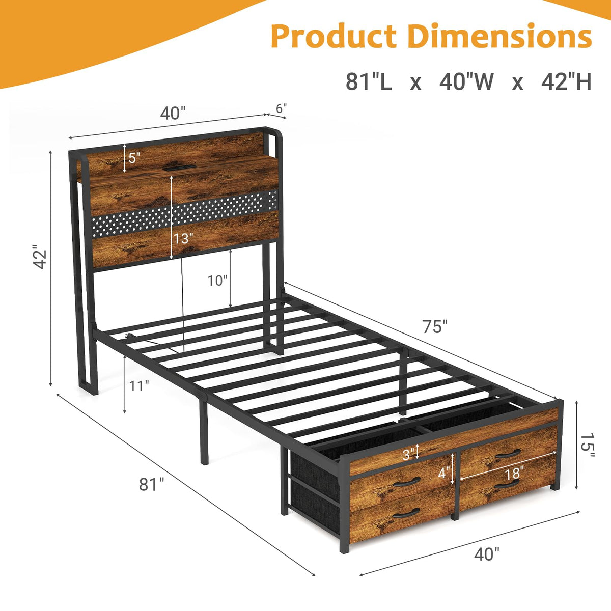 Twin Bed Frame with 2 Storage Drawers Z9233