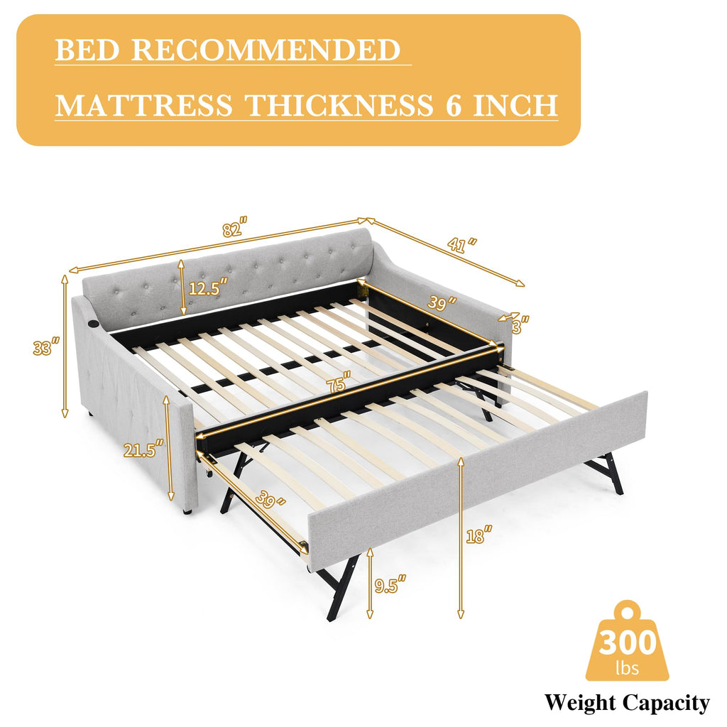 Twin Size Upholstered Daybed with Pop Up Trundle and USB Charging Ports L951400