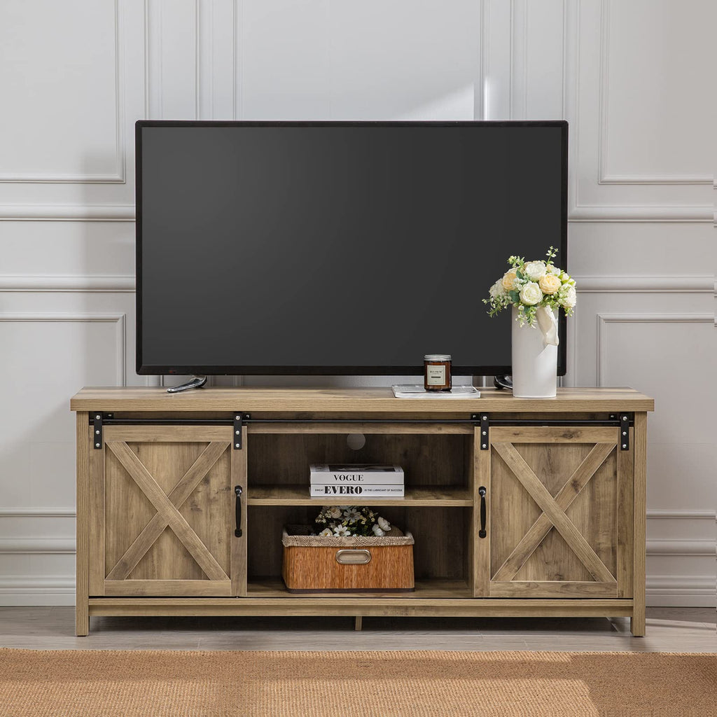 Light Grey Farmhouse TV Stand with Sliding Barn Doors M98386