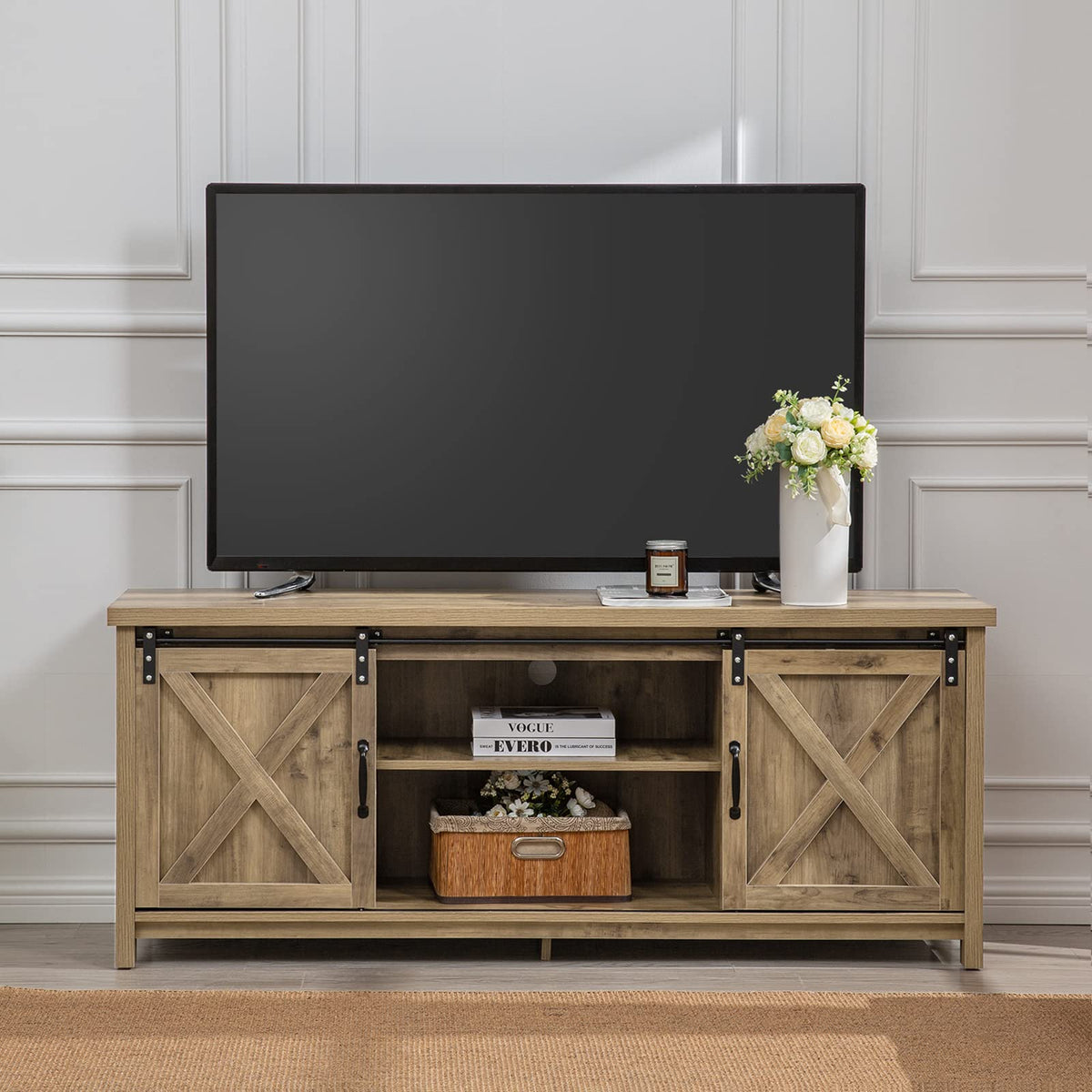 Light Grey Farmhouse TV Stand with Sliding Barn Doors M98386