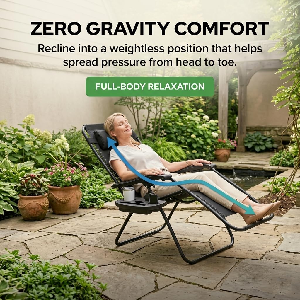 Black Zero Gravity Lounge Chair with Pillow & Cup Holder W344