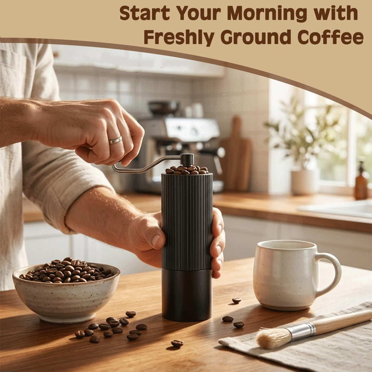 Manual Coffee Grinder with Strainer & Brush, Adjustable Stainless Steel Burr, 30g Hand Crank Coffee Mill, Aluminum Body & Walnut Handle E6187