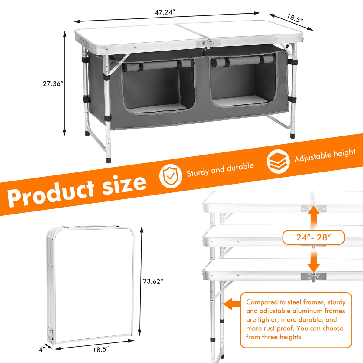 Camping Folding Aluminum Table with Adjustable Legs W3584