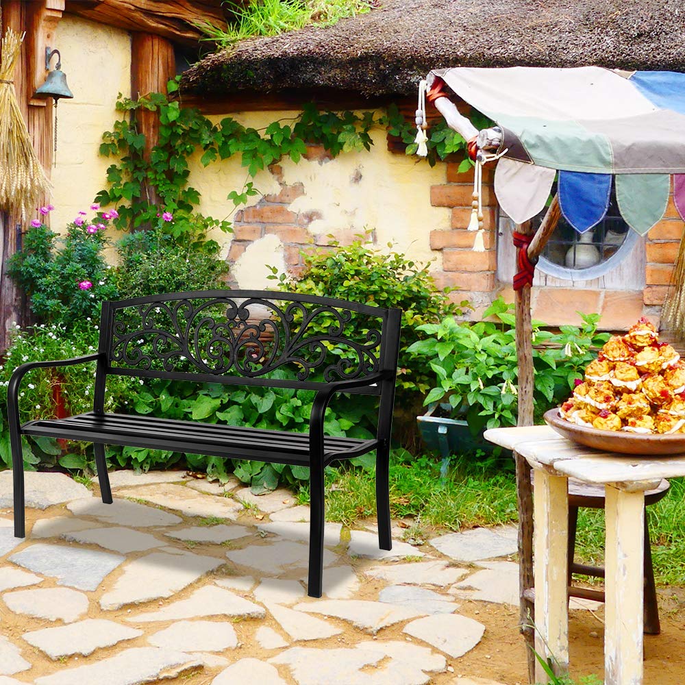 50in Black Metal Outdoor Bench with Armrests E2628