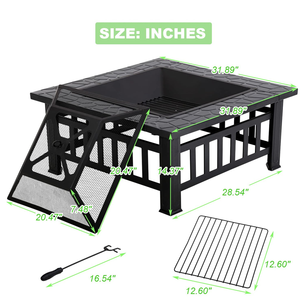 32" Square Wood Burning Fire Pit Table with Spark Screen Y2638