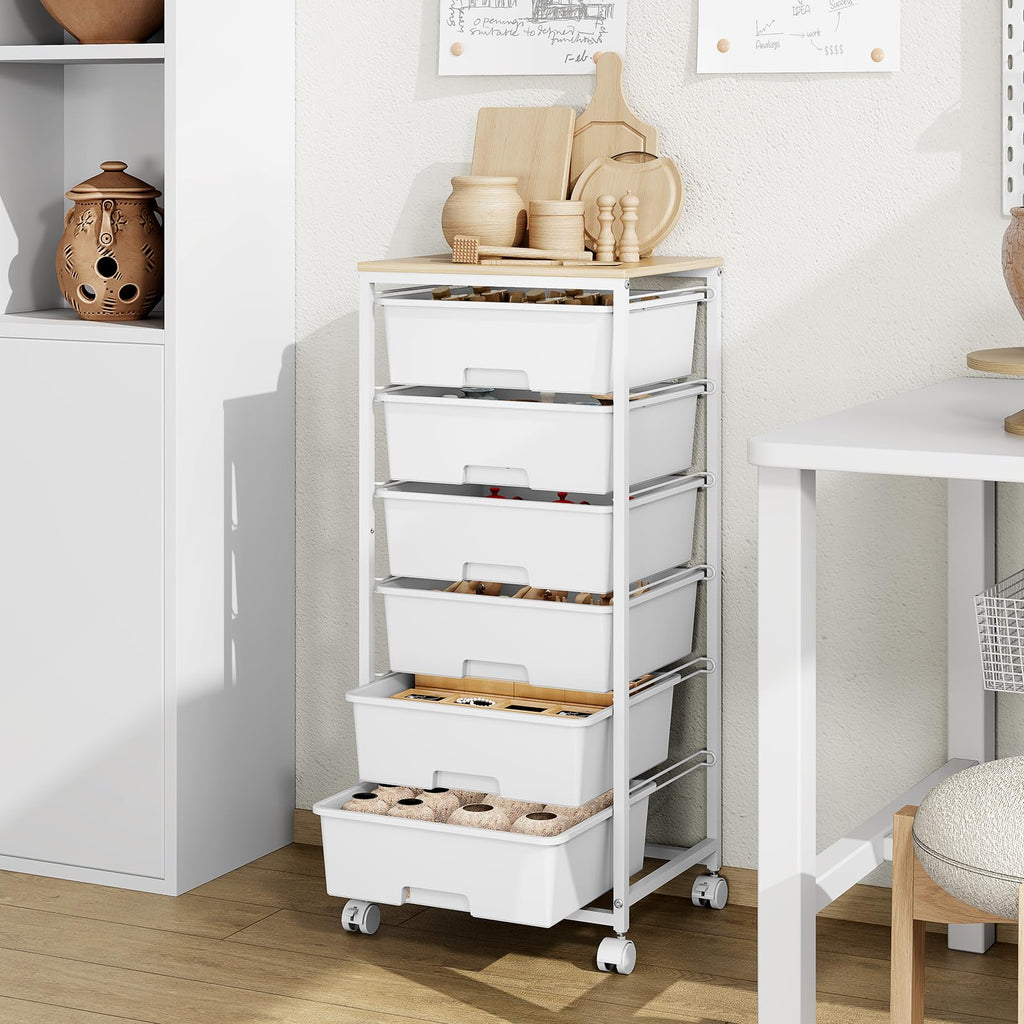 6 Drawer Rolling Storage Cart with Wooden Top and Wheels M354