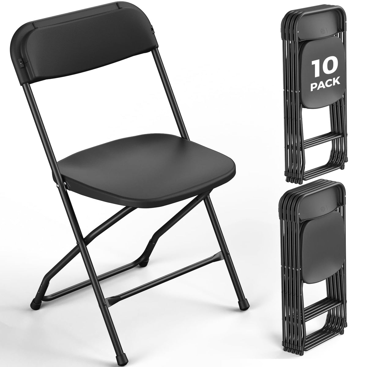 Black Plastic Folding Chairs, 10 Pack Steel Frame 350lbs Capacity W7809