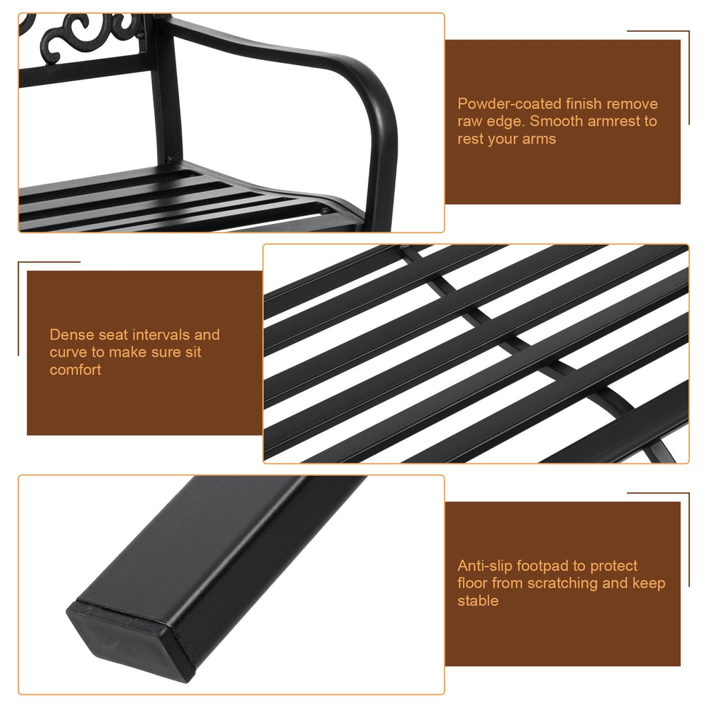 50in Black Metal Outdoor Bench with Armrests E2628