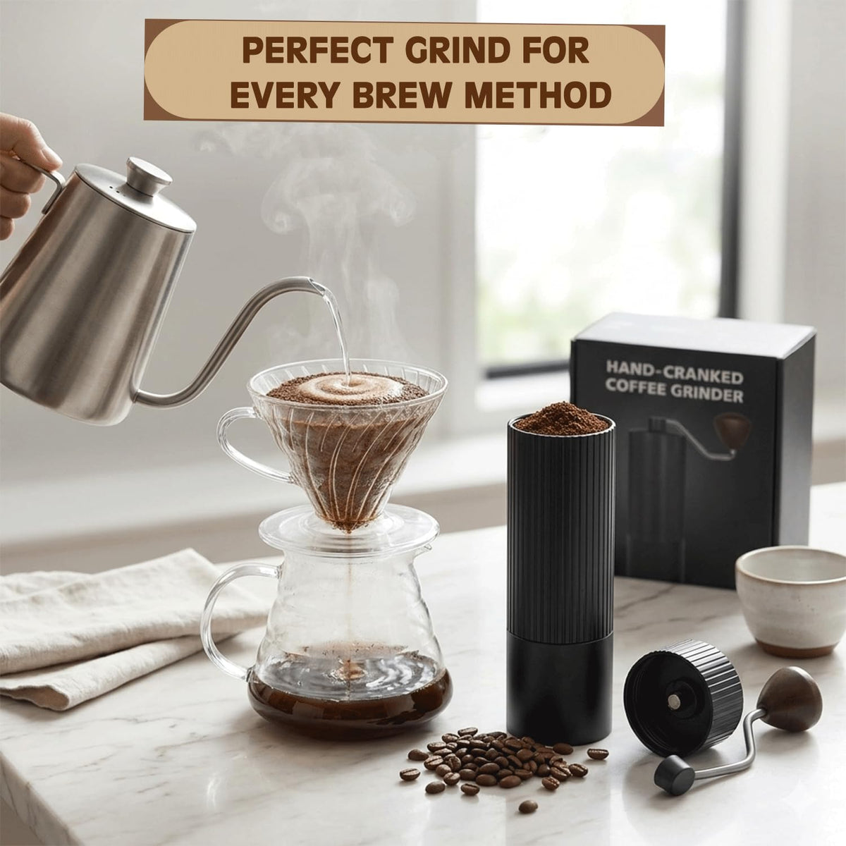 Manual Coffee Grinder with Strainer & Brush, Adjustable Stainless Steel Burr, 30g Hand Crank Coffee Mill, Aluminum Body & Walnut Handle E6187